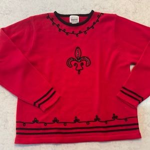 Vintage, red and black fleur-de-lis L sweater by Leslie Fay sportswear